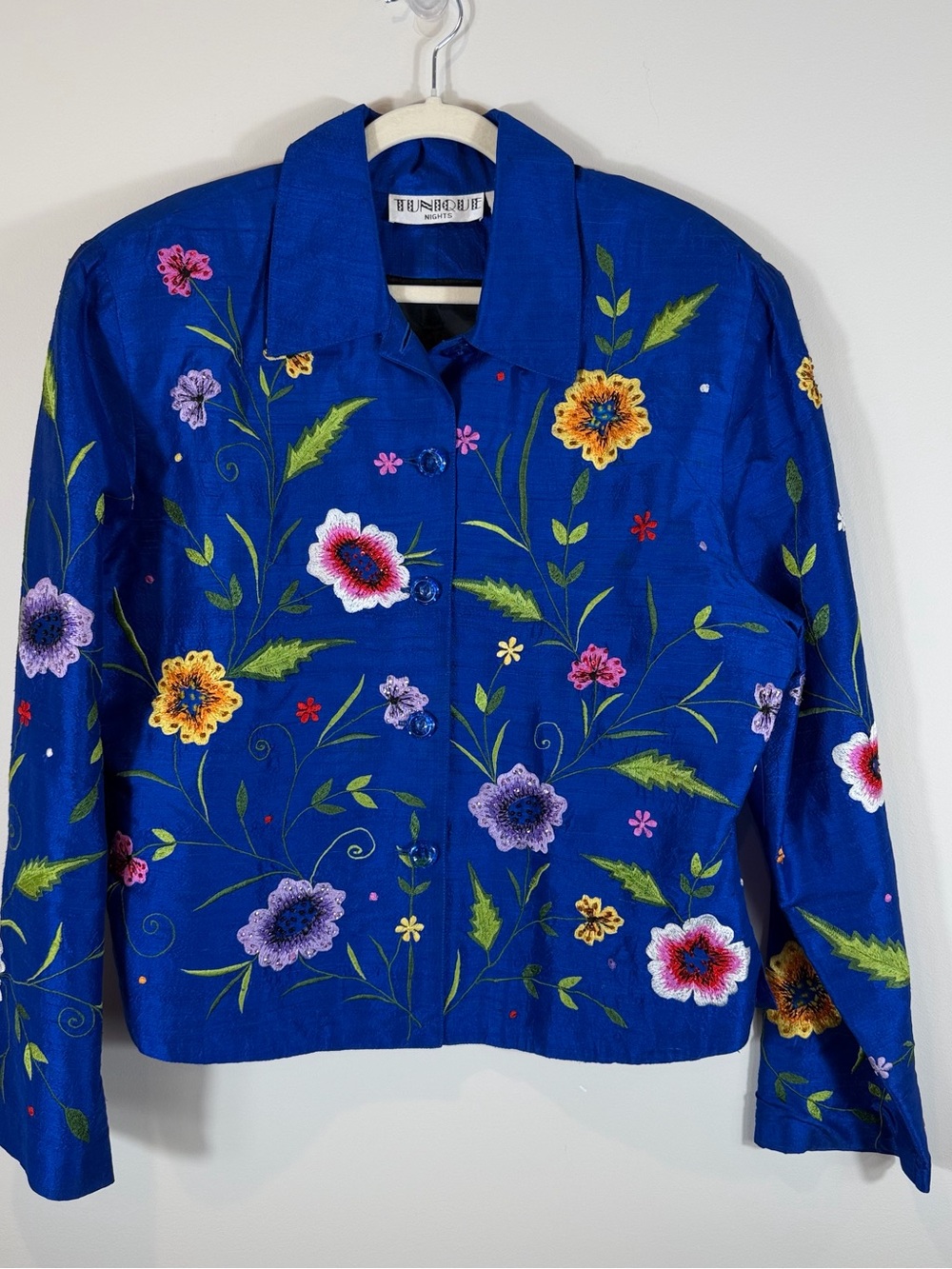 Vintage Tunique Nights 100% Silk Royal Blue Floral Embroidered Jacket Large